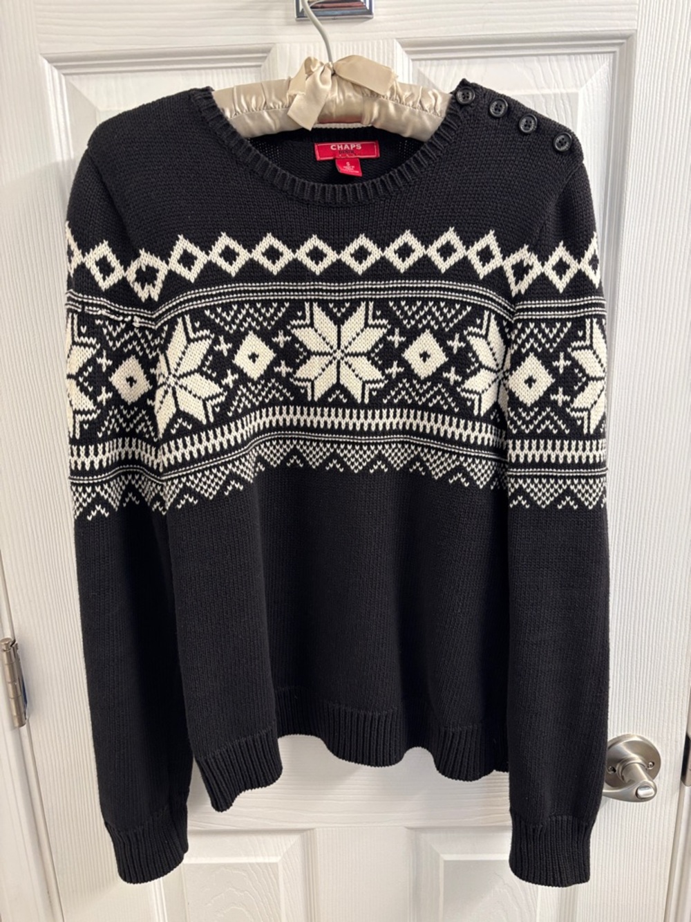 Vintage CHAPS Black and Cream Nordic Button-Shoulder Sweater Size S - Fabulous!